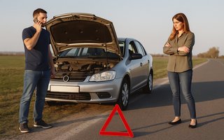 Auto mit Panne am Straßenrand – Mann telefoniert, Frau steht daneben, Warndreieck aufgestellt.