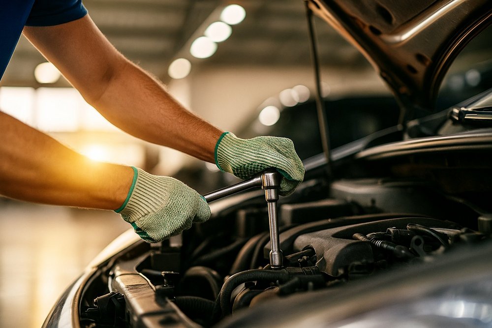 Eine Person mit Arbeitshandschuhen benutzt einen Drehmomentschlüssel, um an einem Motor in einer Werkstatt zu arbeiten.